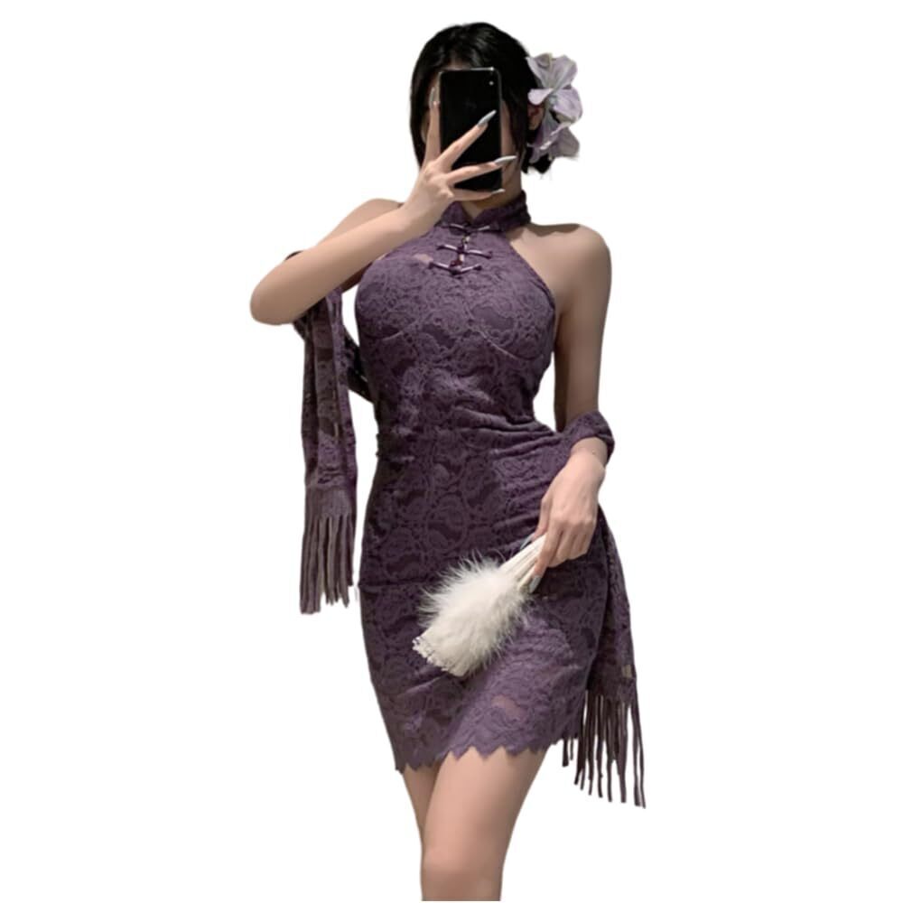 1755 Chinese lace Stand up Collar Cheongsam Japanese Style high Slit